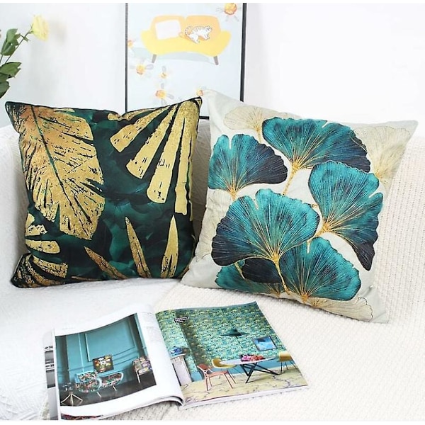 Sett med 4 firkantede putetrekk i grønne og gullfargede blader, lin sofa putetrekk, 45*45cm