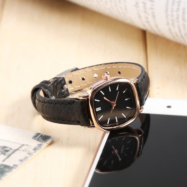 Dame Analog Quartz Ur PU Rem Legering Urkasse Dame Armbåndsur (Sort Rem Sort Urskive)