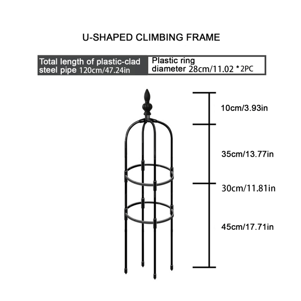 Sort U-formet klatreplante kombinasjonsramme - 11 mm rørdiameter - 120 cm Høyde - Plastbelagt stålrør
