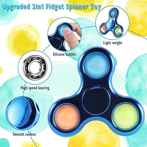 Pop Fidget Spinner, Enkel Sensorisk Fidget Spinner Leke Push Pop Boble Spinner Leke for Stressreduksjon og Angstdemping Håndleke for Barn - Blå