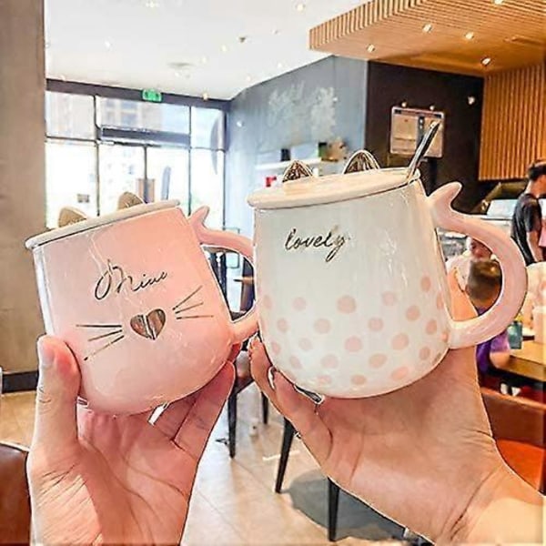 Unicorn Mugg med Lock Sked 3D Söt Keramisk Kaffe Te Kopp Par Mugg Set Födelsedagspresent för Kvinnor Vän Älskare (katt hjärta 430 ml)
