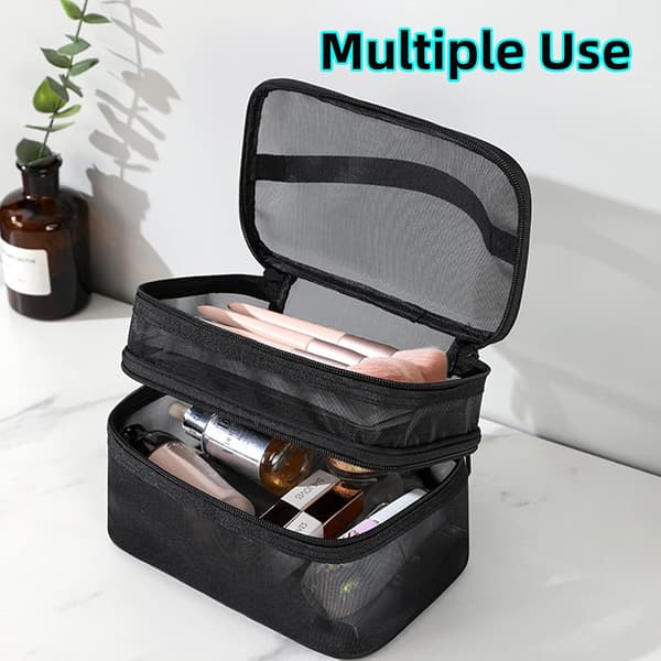 Makeup Bag with Double Compartments, Portable Mesh Toiletry Bag with Handle (Black)