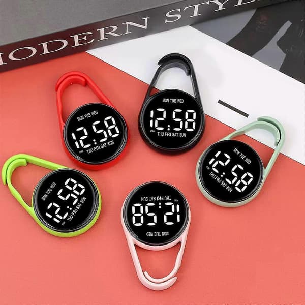 Digital Pocket Watch with Touch Screen, Waterproof, Night Light, White Pink