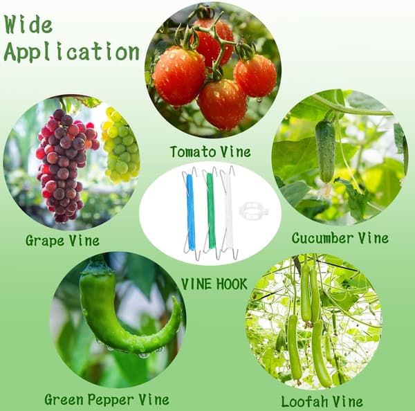 10 Tomato Support Hooks, Trellis Hooks for Tomatoes, Plant Growth Traction Rope, J-Hooks for Tomatoes and Plants, 10m (33ft) Rope.