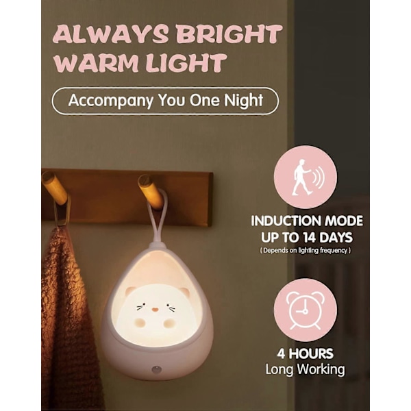 MOXTOYU Sød Kat Natlampe til Børn, Baby Natlampe med Sensor, Genopladelig Natlampe til Børn med Krog, Varm Hvid LED Natlamper