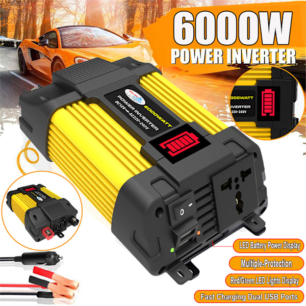 2 USB-portin laturi-invertteri LED-näytöllä, reaaliaikainen näyttö, hiljainen virtainvertteri autoon DC12V‑AC220V 6000W