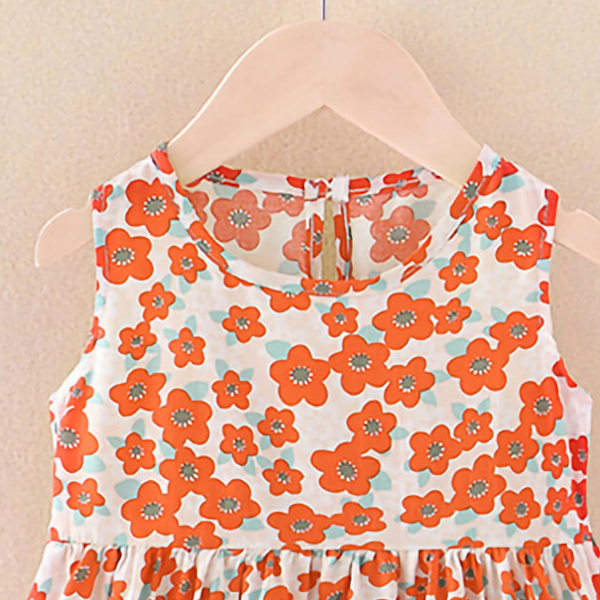 Flickor Klänning Ärmlös Rundhals Blommig Tryckt Andas Sval Söt Mode Sommarklänning för Barn Orange Blommor 35.4in