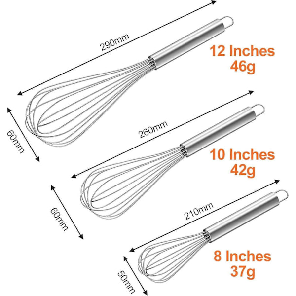 3 stk. Sølv Profesjonell Kjøkkenvisp i Rustfritt Stål, Manuell Eggvisp Inneholder 21cm, 26cm, 29cm, Visp for Blanding, Røring av Deig, Egg, Pisking