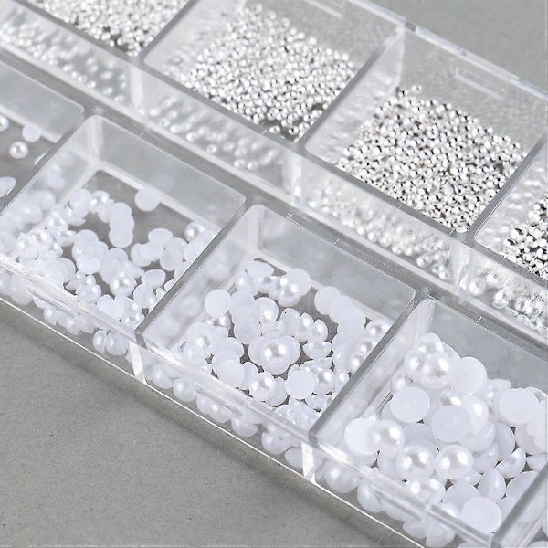 Vit Box 3D Nagel Pärlor med Diamanter Blandade Storlekar Nagelkonst Dekorationer Skönhet Nagelberlocker för DIY Manikyr