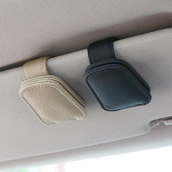 Solglasögonhållare i ko-läder med klämma (beige) för bilens solskydd, läderram för solglasögon, magnetisk klämma för solglasögon i bilen