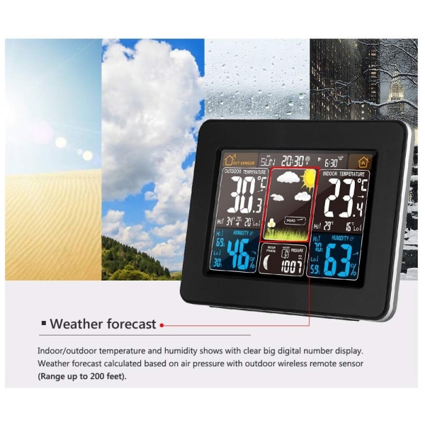 Trådløs digital værstasjon med utendørs sensor, innendørs og utendørs termometer med tid, temperatur, fuktighet, barometer (svart oppdatering) black