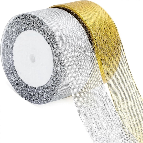 Guld- och Silverband, 40mm Organza Julband, 44m Presentband Brett Dekorativt Omslagsband