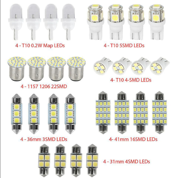 Universal 28st T10 LED-billampasats - vit inre kupol, registreringsskylt, läslampor för festonkarta