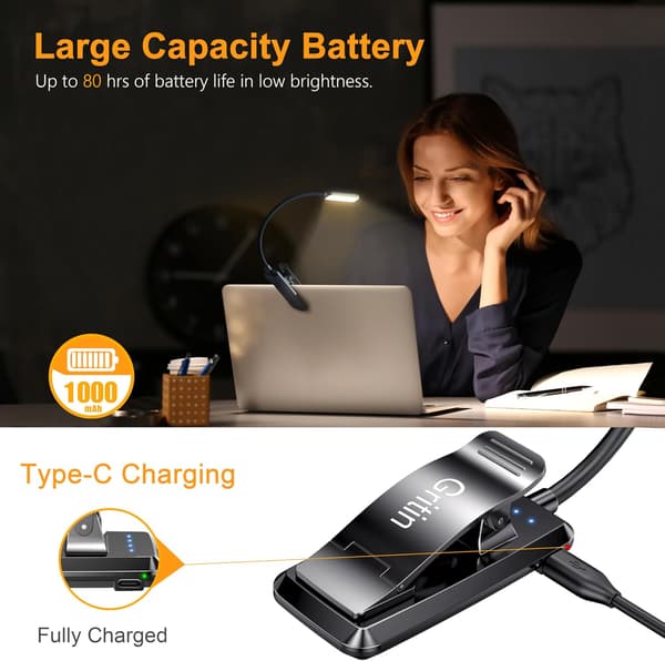 2-pack Rechargeable Reading Light, 9 LED Book Light, Clip-on, Stepless Dimming & 3 Eye-Care Modes (Cool & Warm White), 360° Flexible Neck, Indicator