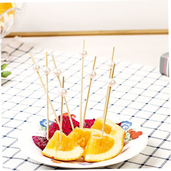 Bambus Cocktail Tandspidser med Kunstige Perle Dekorationer - Perfekt til Hjemmefester, Cocktails, Desserter og Frugt (Pakke med 100)