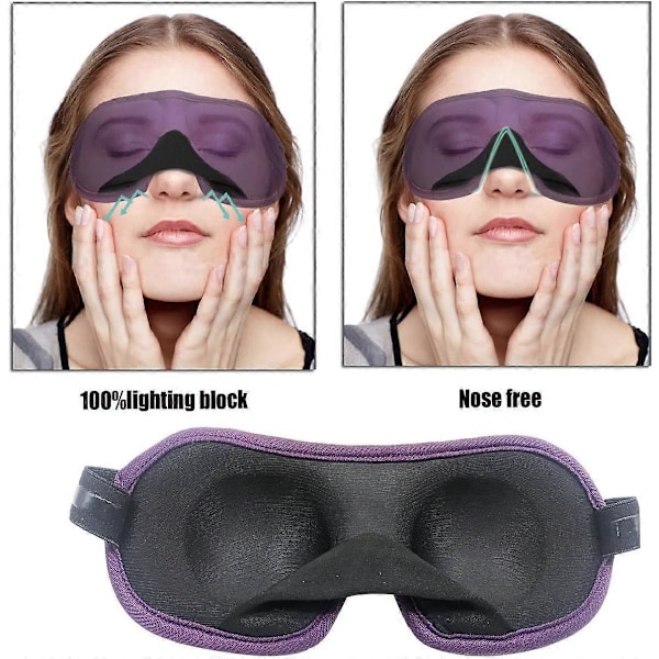2-pack 3D Ögonmask för Sömn, Maskintvättbar, Sovmask för Kvinnor, Blinder Ögonbindel Flygplan med Resepåse (Svart+Lila)