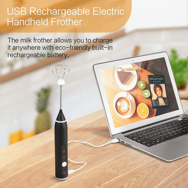 Elektrisk automatisk eggevispermikser Melkeskummer 3-trinns justerbar blender med USB-lading Svart