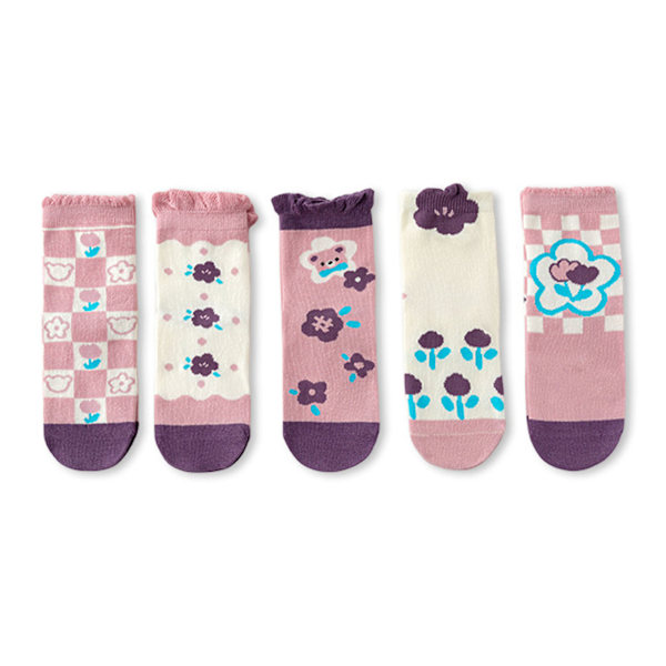 5 par babystrumpor med blommönster, volangkant, mjuka bomullsstrumpor för spädbarn, höst, lila, L (6-8 år)