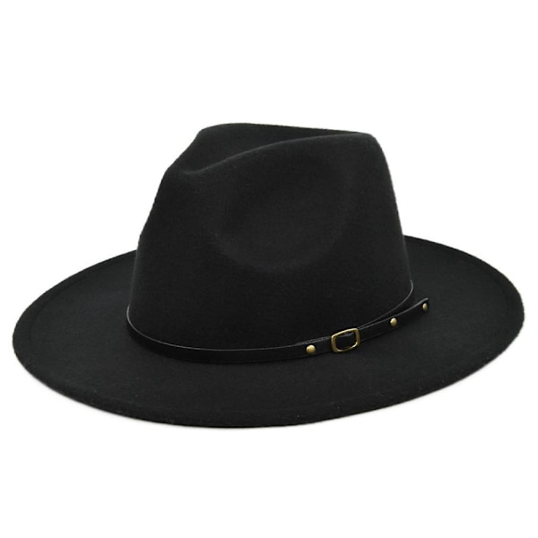 Classic Wide Brim Black Wool Floppy Panama Hat with Belt Buckle