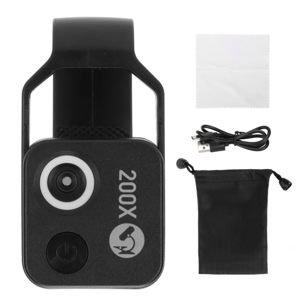 200X zoom telefon mini lommemikroskop med CPL linse LED-lys Mobiltelefon ekstern linse bærbar telefon mikroskop kamera svart Black