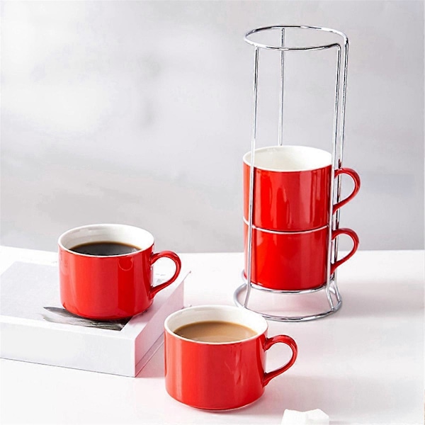 Stabelbare Cappuccinokopper i porselen med skåler og metallstativ, B