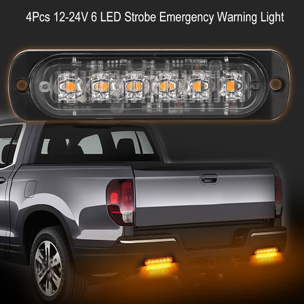 4 stk. 12-24V Bil 6 LED Flash Strobe Nødadvarselslys Grill Blinkende Lysbjælke Gul