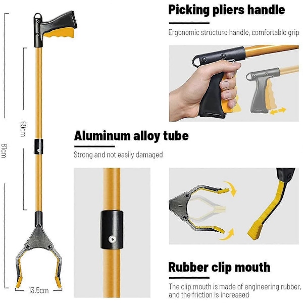 Fejeværktøj i aluminium, 81 cm foldbar gribetang, lang teleskopisk gribetang i gummi, til haveaffald, affaldsindsamling