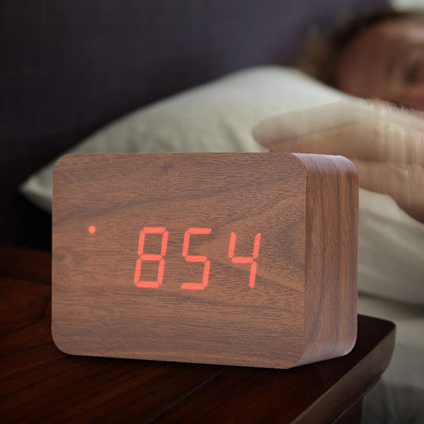 Træ Elektronisk Digital Vækkeur Temperatur LED Display Lyd Kontrol Brun