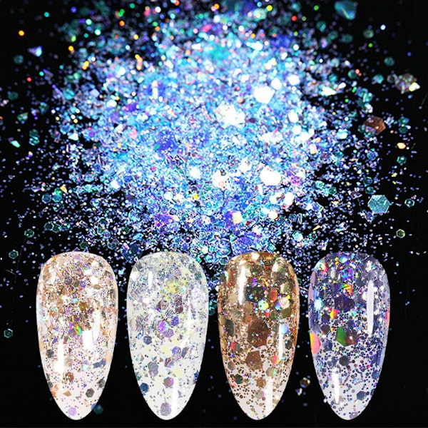 8 lådor/set nagelglitter, paljetter, flingor, glittrande 3D-nagelkonstflingor, nagelglitterdekoration