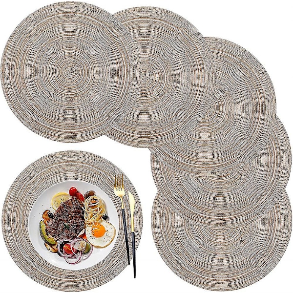 Pöytätabletit, pyöreät PP-punotut pöytätabletit, 6 kpl, pestävät, lämmönkestävät, liukumattomat, 36 cm, kahvinvärinen