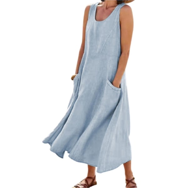 Sky Blue Boho Style Sleeveless Cotton Linen Dress with Pockets