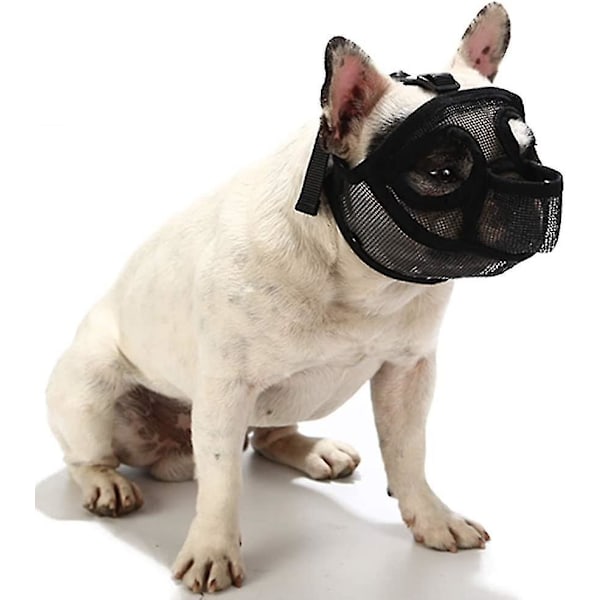 Justerbar åndbar bulldog mundkurv til hunde med kort snude, anti-bid, tygge, gø - sort