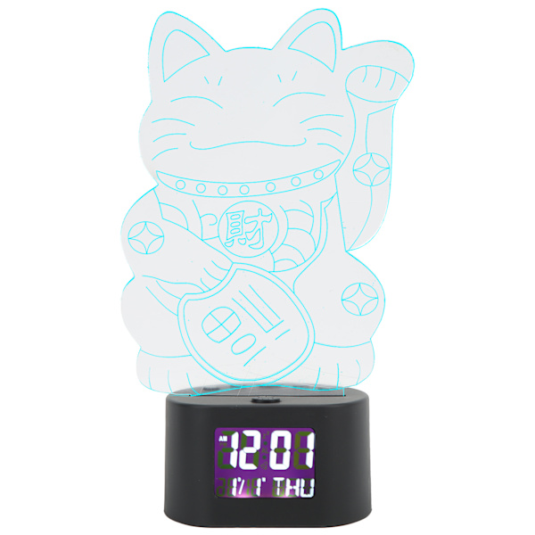 Akryl tecknad nattlampa Dubbel power Väckarklocka Perpetual Calendar Display RGB Cat 3D Night Light med svart bas