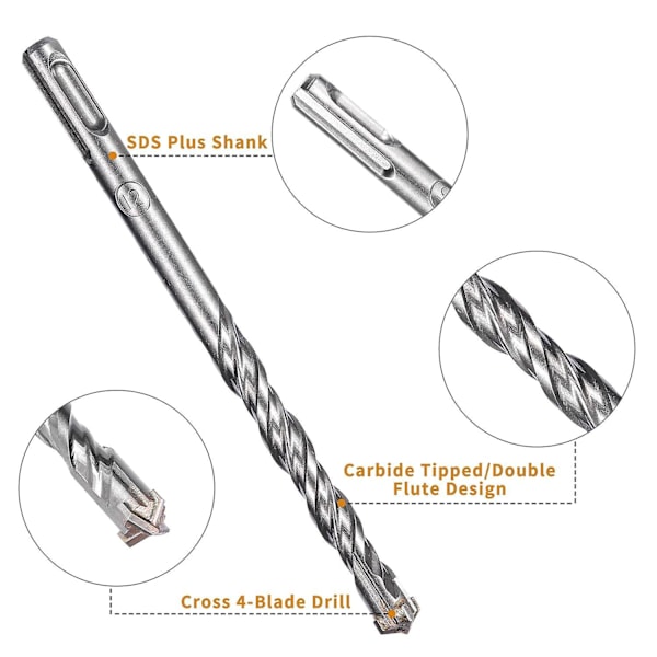 9 stk. SDS-Plus Bor Sæt til Elektrisk Hammerbor til Boring i Sten, Beton, Murstensvæg, Keramiske Fliser (5, 6, 8, 10, 12, 14, 16 x 160mm )