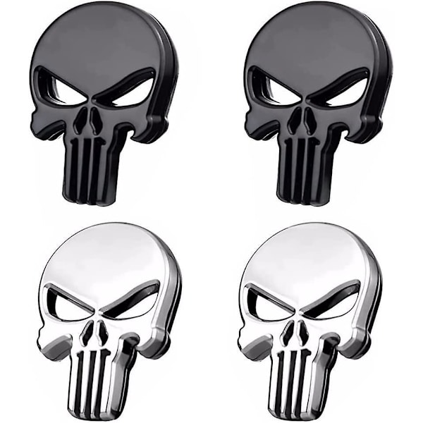 Kallo Punisher -ajoneuvotarrat - 4 kpl, metalliset tarrat moottoripyöriin ja ajoneuvoihin (musta ja hopea)