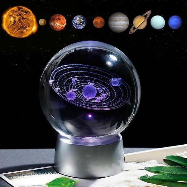 Krystal solsystem gavekugle med genopladelig farverig LED-base glaskugle med planeter festgaver gave til astrofili