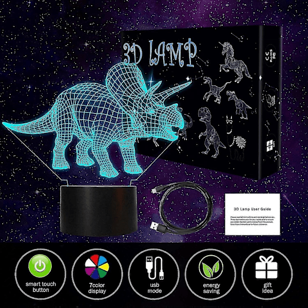 3D Dinosaur Natlampe, Lysende Dinosaurlegetøj, Triceratops Lampe 7 Farver Skiftende Med Smart Touch & Usb Kabel Dinosaur Lampe Til Drengeværelse