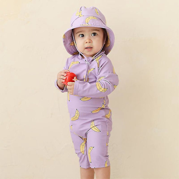 Snabbtorkande barn-en-delad baddräkt - Solskyddande baby surfdräkt för pojkar och flickor 4-5 år rosa fågel med hatt