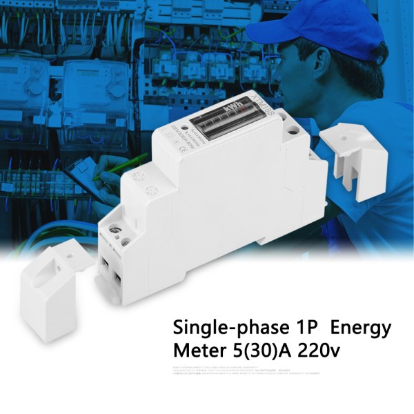 220V 5(30)A Digital 1-faset 2-leder 1P skinnemåler Elektronisk Kwh-måler-Hvid-1 stk.