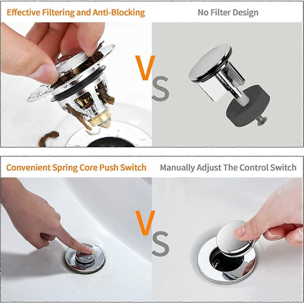 Pop-up afløbsventil til vask med anti-tilstopningsfilter, universal afløbsventil til badeværelsesvask (38-43 mm)