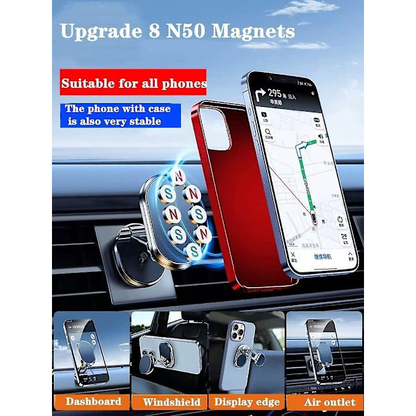 Magneettinen auton puhelinteline - 720° kääntyvä universaali pidike 8 voimakkaalla magneetilla