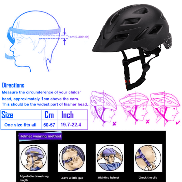 Sykkelhjelmer for barn, barn, tenåringer, justerbar multisportshjelm med advarselsbaklys, avtakbart visir