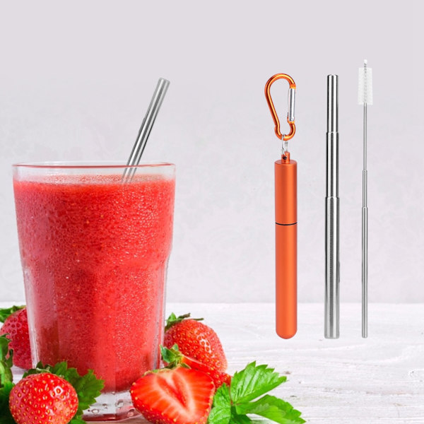 Bärbar rostfritt stål hopfällbart sugrör återanvändbart sugrör rengöringsborste kit för picknick orange