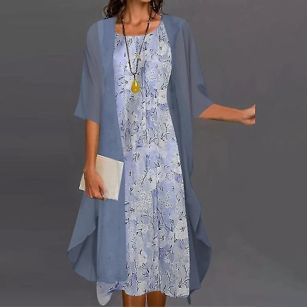 Bohemian Floral Two Piece Dress Set - Women's Casual Blue Cardigan (Size 2XL)