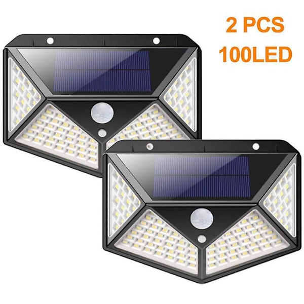 Solcellelampe Utendørs 100 LED 270° Bevegelsessensor Sikkerhet Solcelle Vegglampe (2 Pakning)
