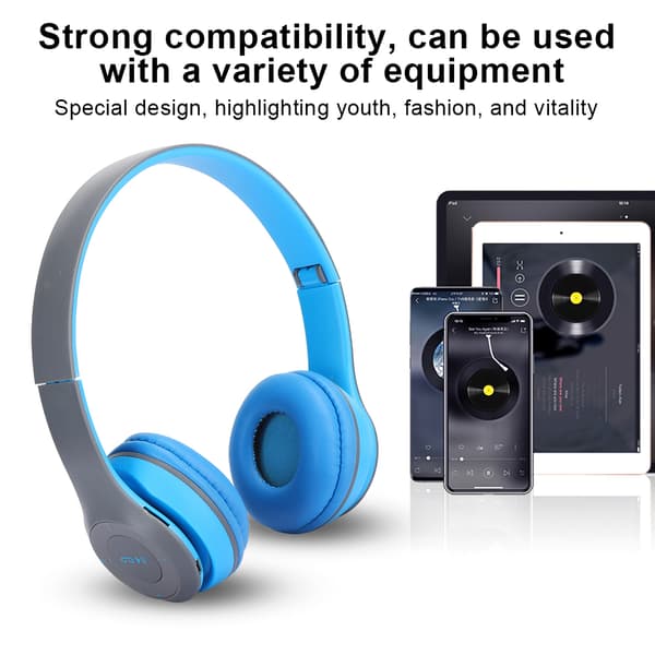 Bluetooth Trådløst Headset Over Øret Sammenleggbart Stereo Lyd Støyreduksjon Øretelefoner Spill FM Musikk Øreplugg Blå
