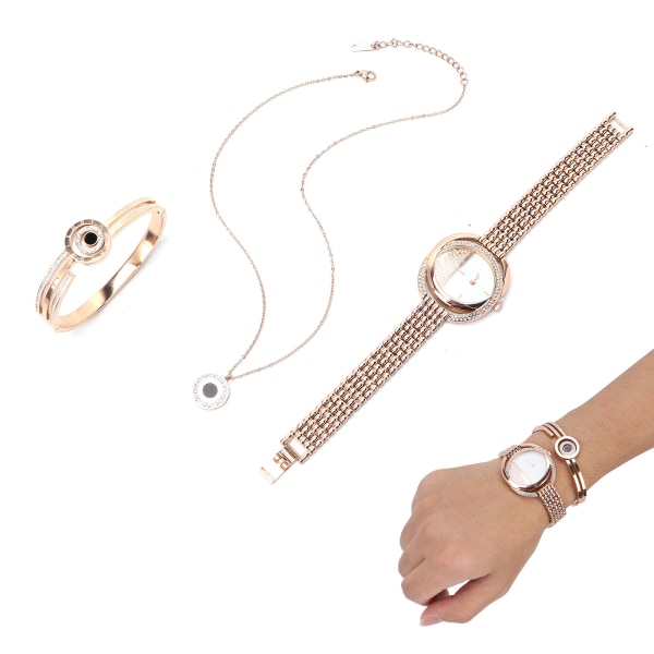 Business Style Kvinnor Watch Armband Halsband Set Jubileum Födelsedagspresent Smycken Set Rose Gold