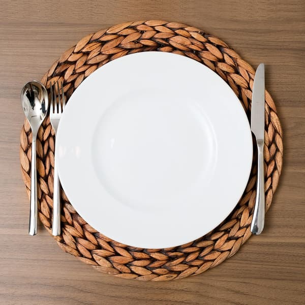Setti, jossa 4 kudottua tabletinalustaa (35 cm, punaruskea pesu) Pyöreät tabletinalustat, punotut tabletinalustat, rottinkitabletinalustat, lautasen aluset