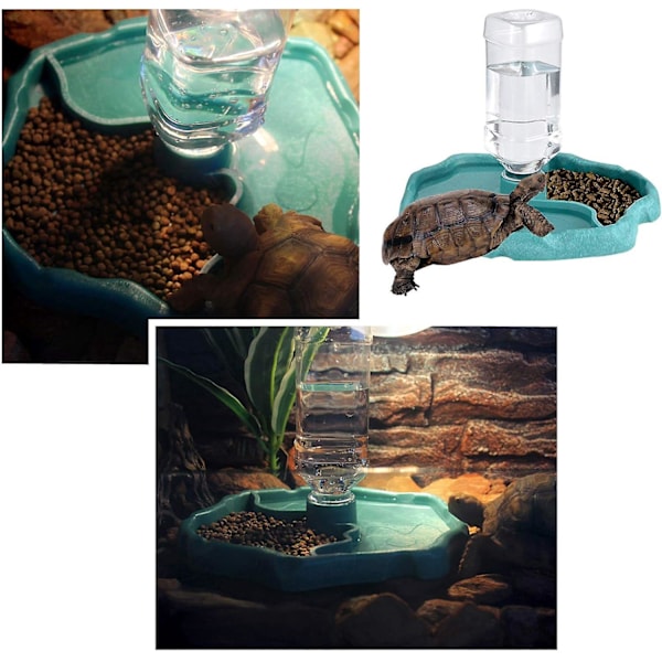 Reptil Vanndispenser, 2 i 1 Anti-Overløp Matdispenser Skål, Plastskål for Skilpadde Gekko - Blå