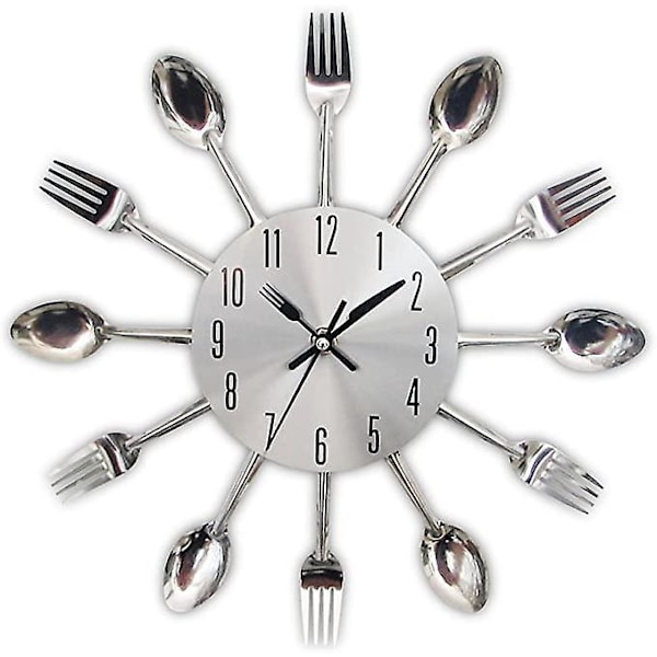 Spegel-effekt Kök Klocka med Sked Gaffel Avtagbar 3D-klistermärke för Heminredning 32*32*4CM Metallisk Silver